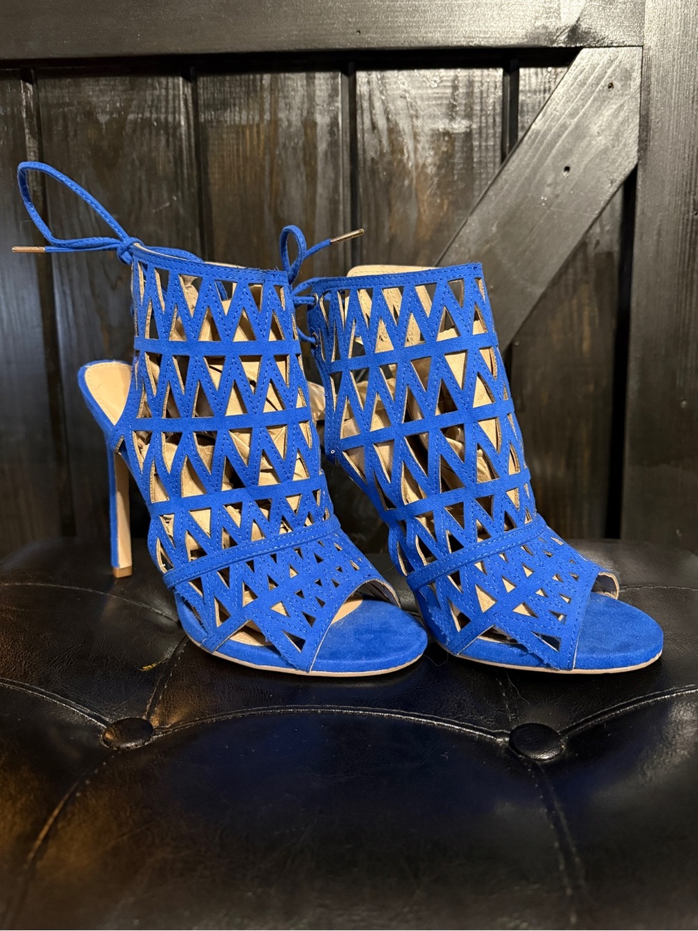 ShoeDazzle Women's Blue Laser-Cut Suede High Heel Sandals